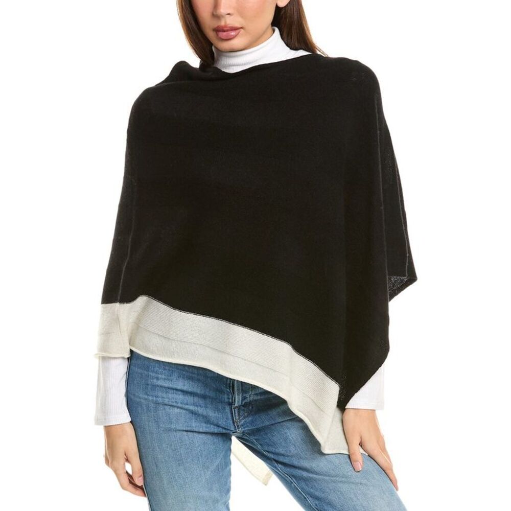 Forte Cashmere Border Stripe Cashmere Poncho, Black